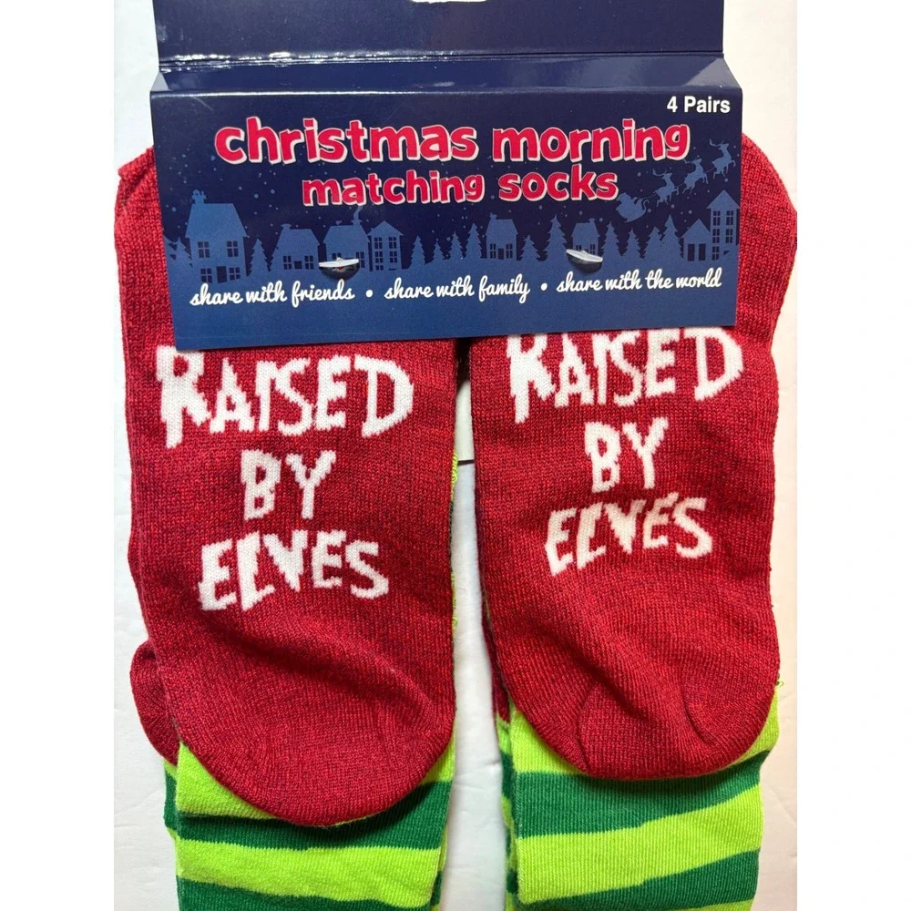 HYP Christmas Morning Matching Socks 4 Pairs Raised By Elves Red Green‎ Striped